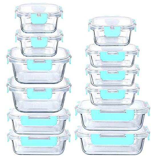 Glass Food Containers Storage Organizers for Kitchen Pantry | BPA Free | Leak Proof | Odor Proof | Stain Resistant | 12 Sets | Freezer and Oven Safe (Blue) 725011701