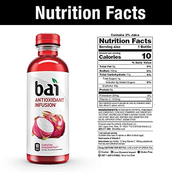 Bai Flavored Water, Rainforest Variety Pack, Antioxidant Infused Drinks, 18 Fluid Ounce Bottles, 12 Count, 3 Each of Brasilia Blueberry, Costa Rica Clementine, Malawi Mango, Sumatra Dragonfruit 295678743
