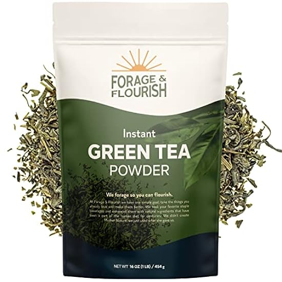 Forage & Flourish - Instant Green Tea Powder - Just One Ingredient - Unsweetened Drink Powder - Great Hot or Cold - Add to Smoothies or Baked Goods - 1 lb 319797331
