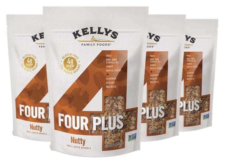 Kelly´s Four Plus Granola (Nutty) Healthy Granola Cereal with Whole Grain Oats, Honey, Maple Syrup - Non-GMO, Low Sugar, Sodium Free and Gluten Free Granola for Yogurt - 12oz (Pack of 4) 65224511