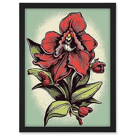 Red Orchid Flower Old School USA Tattoo Ink Body Rockab