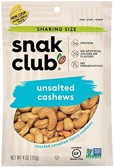 Snak Club Roasted & Unsalted Cashews, 4 Ounce (Pack of 6) 417994457