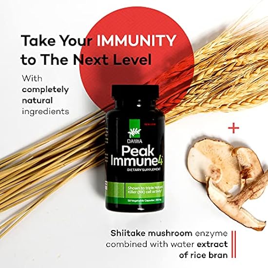 Daiwa PeakImmune4 - Natural Immune Support Supplement with RBAC Rice Bran and Mycelia Extract from Shiitake Mushrooms - Regular Strength 883442802