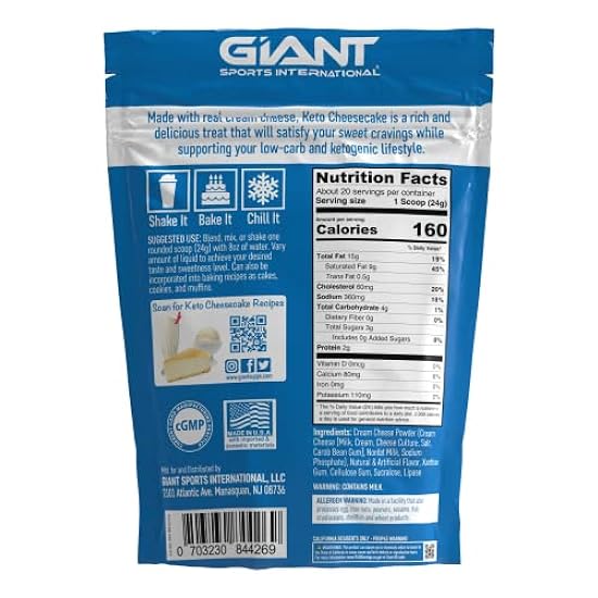 Giant Sports Keto Cheesecake Shake Mix - Delicious Low Carb, Ketogenic Diet Gluten Free Powder Mix - Meal Replacement - Works Great with Almond Milk - New York Style (20 Serving Bag) 505878607