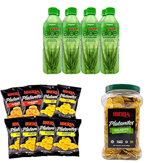Iberia Aloe Vera Juice Drink with Pure Aloe Pulp, Original, 16.9 Fl. Oz. (Pack of 8) + Iberia Plantain Chips, Variety, (Pack of 8) + Iberia Saladito Lightly Salted Plantain Chips, 20 Oz. 440801933