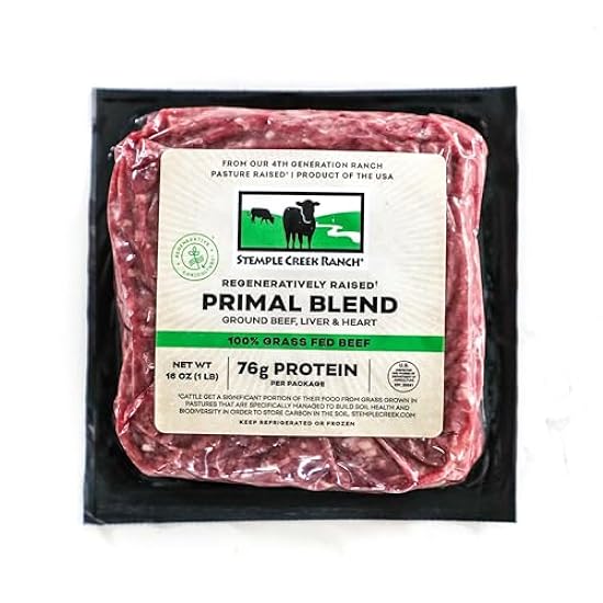 Primal Blend: Ground Beef with Beef Liver & Beef Heart, 100% Grass Fed and Grass Finished, 80/20, 16 oz, Regeneratively Raised, by Stemple Creek Ranch (Case of 12) 757354039