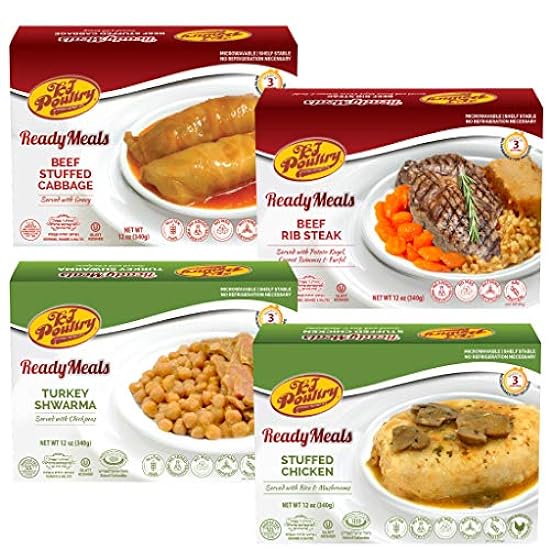 Kosher Mre Meat Meals Ready to Eat, Variety of Beef Rib Steak, Stuffed Cabbage Rolls, Chicken Breast, Turkey Shwarma (4 Pack Bundle) - Prepared Entree Fully Cooked, Shelf Stable Microwave Dinner 335620846