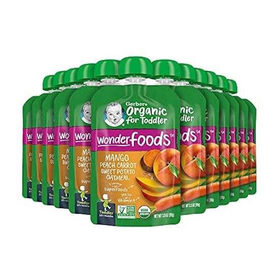 Gerber Organic Baby Food Pouches, Toddler, WonderFoods, Mango Peach Carrot Sweet Potato & Oatmeal, 3.5 Ounce (Pack of 12) 655760463