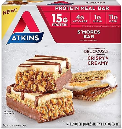 Atkins S’mores Protein Meal Bar, High Fiber, 1g Sugar, 