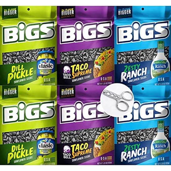 Bigs Sunflower Seeds Variety Pack: Ranch, Dill Pickle, and Taco Bell Taco Supreme - 2 Bags per flavor 5.35 oz./ea. (Pack of 6) + BONUS Seed Cracker 108606345
