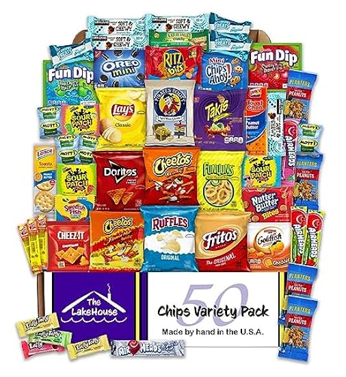 Chips Variety Pack 50 Count - Snacks Sampler Care Packages for College Students, Kids, Adults - Individually Wrapped School or Office Snacks with Chips, Cookies, Candy - Snack Packs from The LakeHouse 965095292