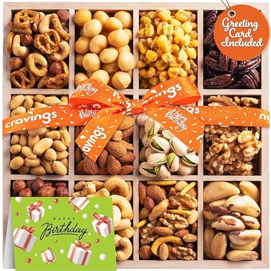 Nut Cravings Gourmet Collection - Happy Birthday Nuts Gift Basket with HB Ribbon in Reusable Wooden Tray (12 Assortments) Food Platter, Bday Care Package Variety, Healthy Kosher Snack 710986172